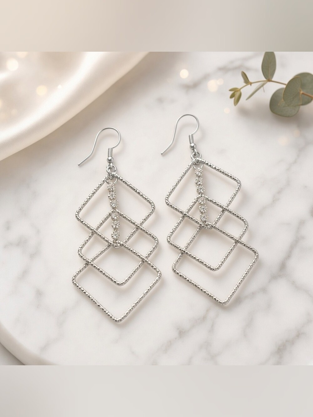 Silver Tone Rhinestone Geometric Statement Dangle Earrings 3" NWT